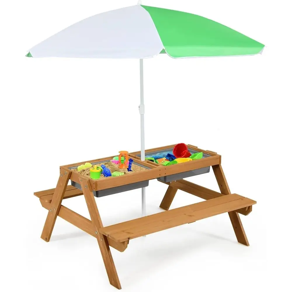 Kids Outdoor Umbrella For Table - 4-in-1 나무 모래놀이 및 물놀이 피크닉