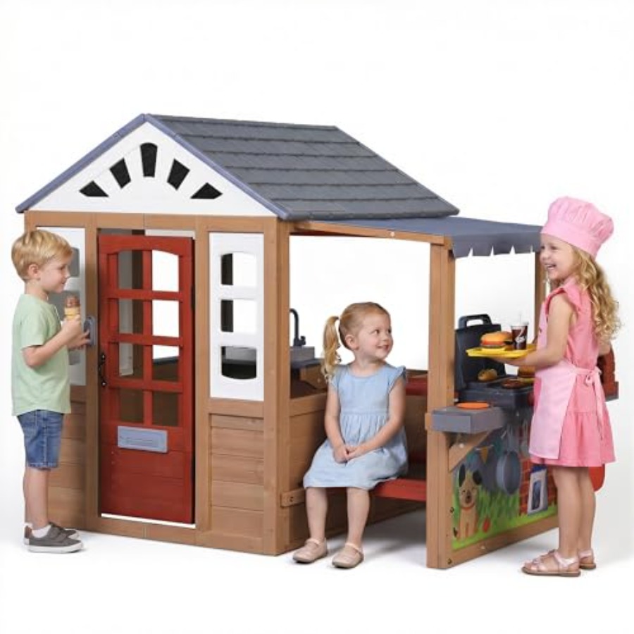Kids Outdoor Grill Set - 3~8세 어린이용 야외 놀이집, 삼나무, 갈색,