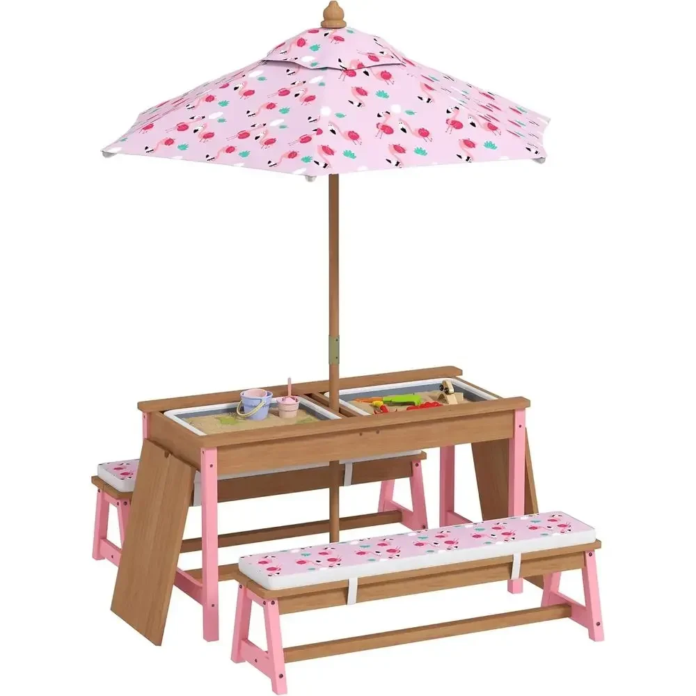 Kids Outdoor Umbrella For Table - 우산, 쿠션, 수납함이 포함된 나무 피크닉