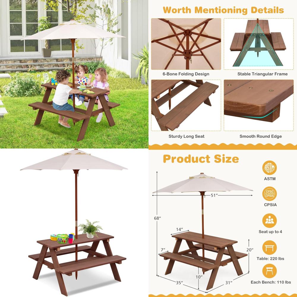 튼튼한 나무로 만든 어린이 피크닉 테이블 세트, 탈부착 - Kids Outdoor Umbrella For Table 리뷰 및 가격